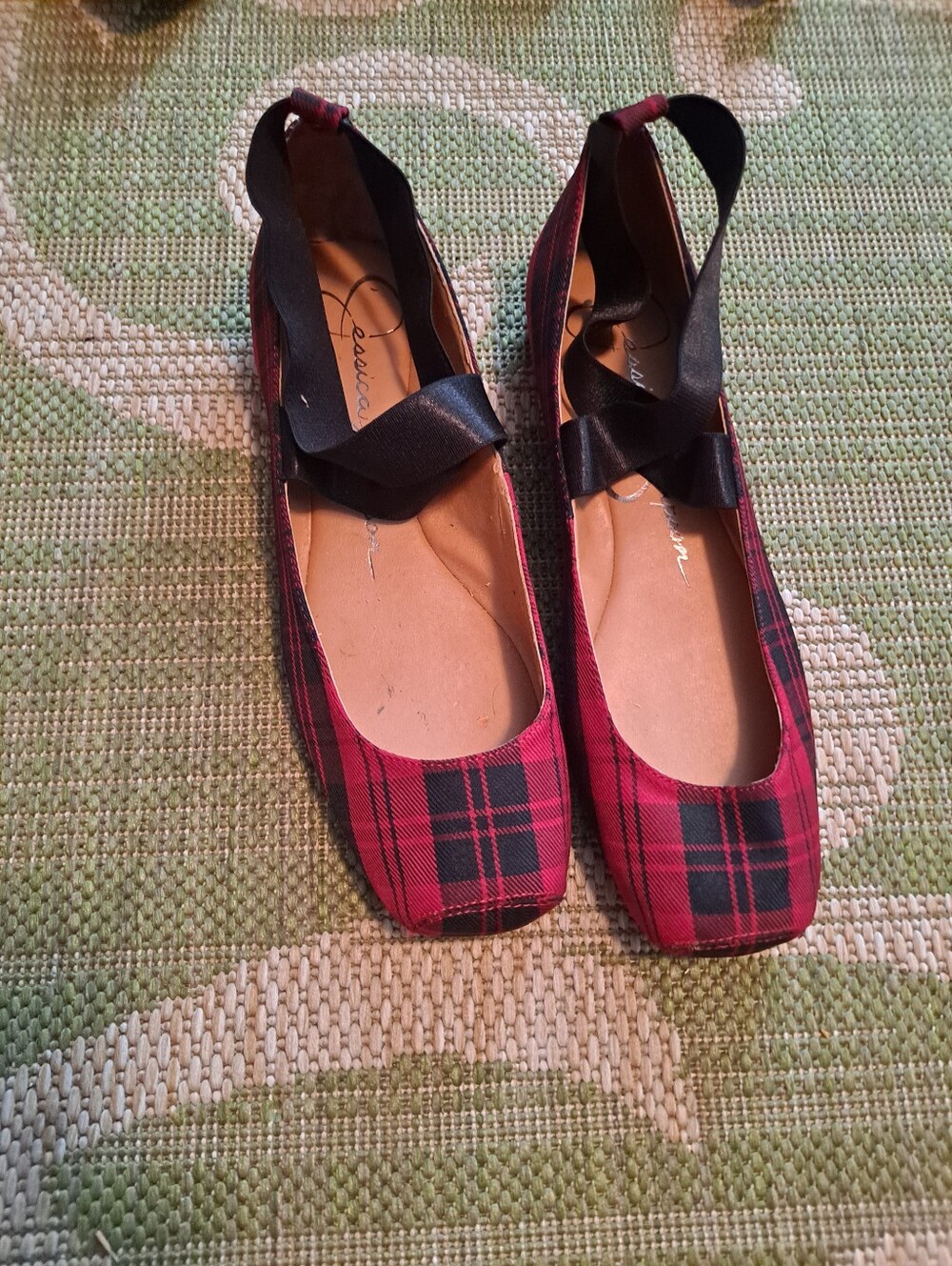 Jessica Simpson Red Plaid Ballet Flats with Black Ribbon Sling